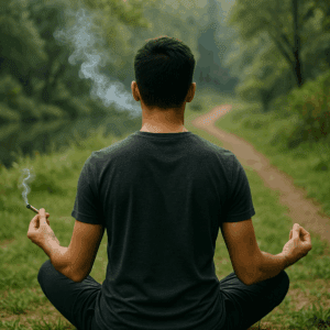man holding a joint meditating with cannabis in victor