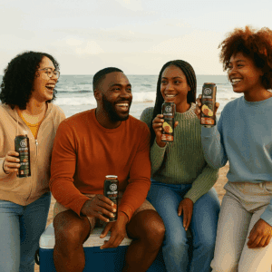 4 people sitting at beach drinking cannabis drinks