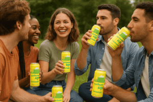 group of friends drinking cannabis drinks in a park