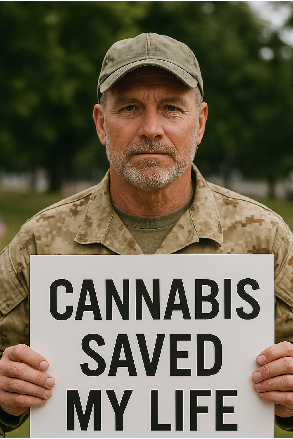 army vet holding a cannabis saved my life banner